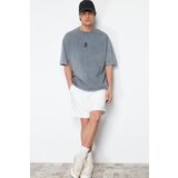 Trendyol Men's Gray Oversize/Wide-Fit Antiqued/Faded Effect 100% Cotton T-shirt Cene