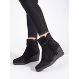 Shelvt Women's suede black wedge boots with fringes Cene