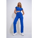 Trend Alaçatı Stili Women's Parliament Blue Reverse Stitched Blouse and Trousers Interlock Suit