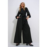 Trend Alaçatı Stili Women&#39;s Black High Collar Back Zipper Princess Sleeve Waist Belted Jumpsuit cene