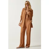 Happiness İstanbul Women's Biscuit Casual Knitted Shirt Pants Suit