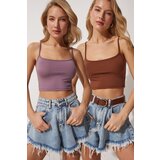  Women's Lilac Brown 2-Pack Straps Knitted Crop Bustier Blouse Cene