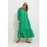 Trend Alaçatı Stili Women's Green Crew Neck Self Textured Maxi Length Dress