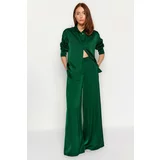 Trendyol Green Satin Regular Shirt and Wide Leg Trousers Woven Two Piece Set