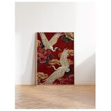 Wallxpert uramljena slika 115248, beli ždralovi i crveni božuri na crvenoj pozadini, 50 x 70 cm, ram u boji prirodnog drveta | Eponuda.com