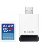 Samsung sd card 512GB, pro plus, sdxc, uhs-i U3 V30 class 10, read up to 180MB/s, write up to 130 mb/s, for 4K and fullhd video recording, w/usb card reader cene