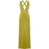 Trendyol Oil Green Pleated Sash Detailed Knitted Long Evening Dress | Shoptok.si