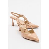 LuviShoes COJE Beige Patent Leather Women's Pointed Toe Thin Heel Shoes Cene