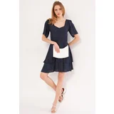 armonika Women's Navy Blue Minus Dress Short Sleeve Skirt Layered Zippered Patterned Mini Size