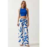 Happiness İstanbul Women's White Blue Patterned Raw Linen Palazzo Trousers cene