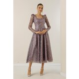 By Saygı Square Neck Long Sleeve Lined Sequined Beaded Dress | Shoptok.si