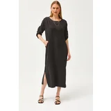 Olalook Women's Black Pocket Slit Linen Content Loose Dress