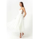 Lafaba Women's White Stone Straps, Flare Cut Midi Evening Dress Cene'.'