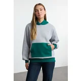 Trendyol Gray Melange Color Blocked Oversize/Wide Collar Thick Inside Fleece Knitted Sweatshirt