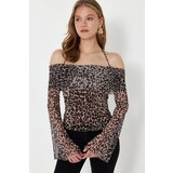 Trendyol Brown Animal Patterned Flare Sleeve Knitted Blouse with Tie Detail Cene