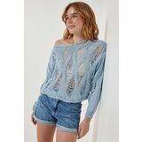  Women's Sky Blue Boat Neck Seasonal Openwork Knitwear Sweater | ePonuda.com