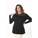Şans Women's Plus Size Black Front And Back Tulle Detail Long Sleeve Blouse