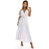 numoco basic 585-1 Plisowana letnia sukienka midi z dekoltem i szerokim paskiem - ECRU | Shoptok.si