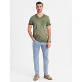 Ombre Men's cotton V-neck knit t-shirt with washed effect - olive | Shoptok.si