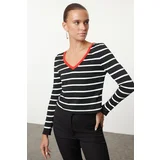 Trendyol Black Crop Striped V Neck Knitwear Sweater