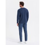 Ombre Men's cotton longsleeve with striped U neckline and embroidery - dark blue | ePonuda.com