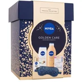 Nivea Golden Care Skincare Moments set: losjon za telo Q10 Firming Bronze 400 ml + gel za prhanje Shea Butter & Botanical Oil 250 ml + antiperspirant Black & White Invisible Silky Smooth 50 ml + balzam za ustnice Labello Hyaluron Rosé 5,2 g + spalna maska iz satena za ženske