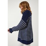  Women's Navy Blue White Zippered Stand Up Collar Striped Oversize Sweater | shoptok.hr