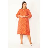 Şans Women's Red Collar And Sleeve Lace Detail Woven Viscose Fabric Crispy Patterned Dress Cene