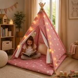 Ginger Home Dečiji pamučni šator little stars, roze sa zvezdama, 100% pamuk, sa mekom podlogom za punjenje, jastukom i led svetlima ( JW- | Eponuda.com