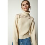 Happiness İstanbul Women's Cream Turtleneck Openwork Knitwear Sweater Cene