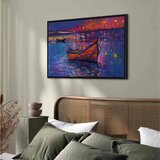  Slika - Modern impressionism - night landscape of a lake with a floating boat 120x80 U crnom drvenom okviru | shoptok.hr
