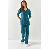 Olalook Women's Oil Blue Top V-neck Bottom Palazzo Corduroy Suit | shoptok.hr
