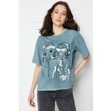 Trendyol Gray Printed Relaxed Crew Neck Washed Knitted T-Shirt Cene