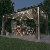 Paviljon z zaveso in LED lučkami 4x3 m taupe aluminij