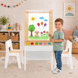  Детска Дървена Маса 3 в 1 GINGER HOME с 2 Столчета, Дъска за Рисуване, Органайзер и Ролка за Хартия, 109x60x55 см | shoptok.hr