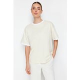 Trendyol stone 100% cotton contrast collar and stripe detailed oversize/relaxed cut knitted t-shirt Cene
