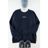 Trendyol Navy Blue Mink Men's Oversize/Wide-Fit Brooklyn City Text Embroidery Thick Cotton Sweatshirt cene