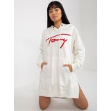 Fashion Hunters Ecru loose kangaroo sweatshirt with an inscription and a hood | shoptok.hr