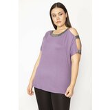 Şans Women's Plus Size Purple One Shoulder And Collar Silvery Detailed Blouse Cene