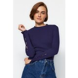 Trendyol Navy Blue Buttons Ribbed Stand-Up Collar Fitted/Situated Cotton Knitted Blouse | Shoptok.si
