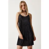 Happiness İstanbul Women's Black Strappy Pleated Summer Mini Knitted Dress