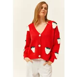 Olalook Women's Red Strawberry Garnish Buttoned Knitwear Cardigan
