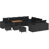 vidaXL Set od 13 komada Vrtni Sofa s Jastučićima Crni Poli Ratan Akacija, 3-dijelni Set Vrtne Trpeze s Jastučićima Crni Poli Ratan Akacija Cijene