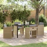 vidaXL 5-delna vrtna jedilna garnitura s blazinami Bež Poli ratan, Vrtna miza Črna 140x80x73 cm Temperirano steklo | Shoptok.si