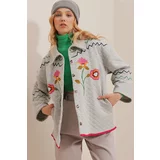 Trend Alaçatı Stili Women's Graymelange Quilted Patterned Embroidered Jacket