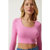 Happiness İstanbul Women's Pink U Neck Ribbed Crop Knitwear Blouse