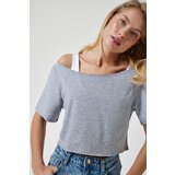 Happiness İstanbul women's gray melange boat neck basic crop knitted t-shirt Cene