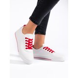 Shelvt White women's sneakers with red laces cene