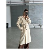 Laluvia Cream Button Detailed Belted Long Trench Coat cene