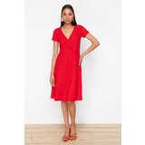 Nikka Red Ruffled Double Breasted Closed Skater/Waist Opened Flexible Midi Knitted Dress Cene